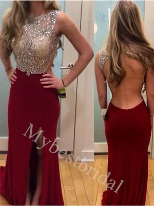Sexy Scoop Sleeveless Side slit Mermaid Prom Dresses,PDS0994
