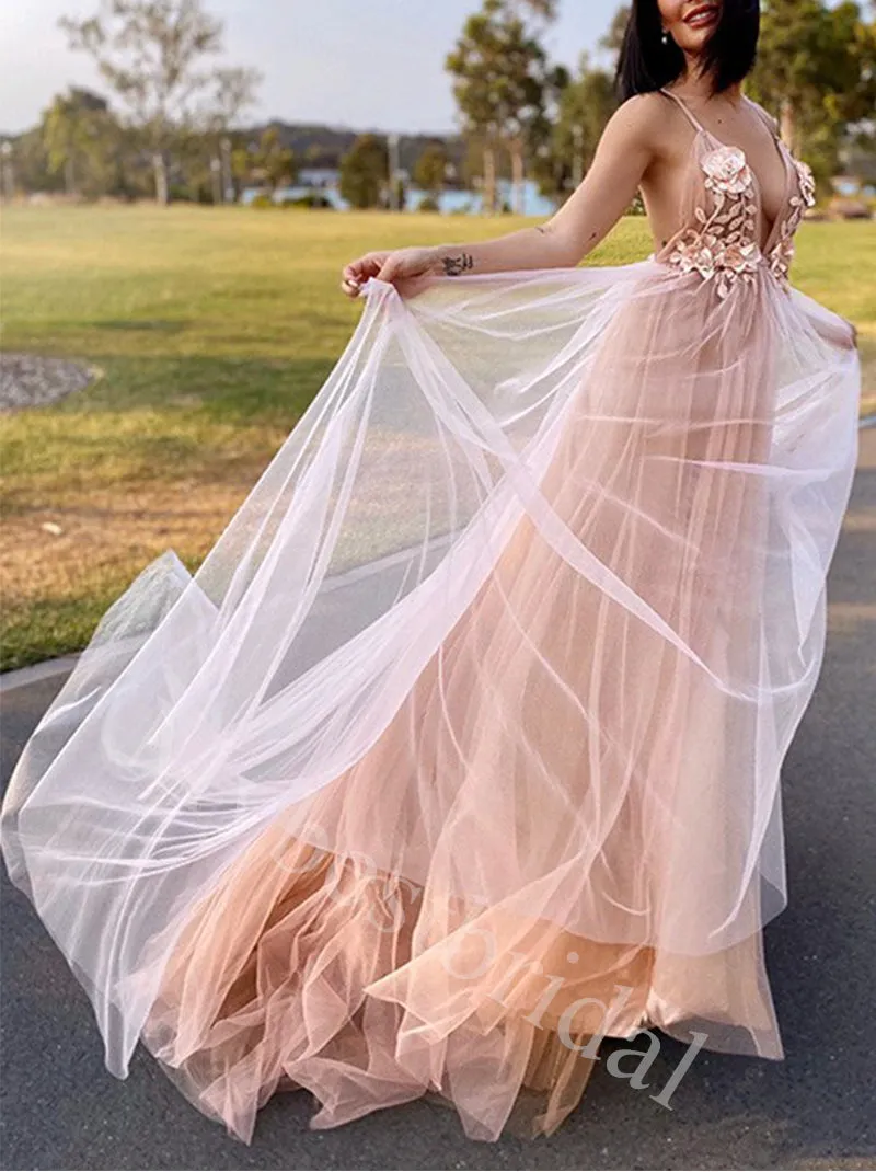 Sexy V-neck Spaghetti straps Sleeveless A-line Prom Dresses,PDS1011