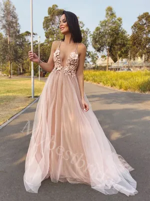 Sexy V-neck Spaghetti straps Sleeveless A-line Prom Dresses,PDS1011