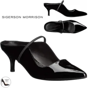 SIGERSON MORRISON Beryl Mule Pumps Ponted Toe Black Patent Leather Heeled Shoes