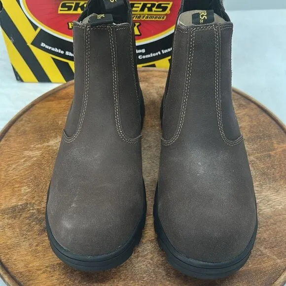 Skechers Boots Wm 10 Workshire Jannit Brown Comp Toe Safety Chelsea Pull On