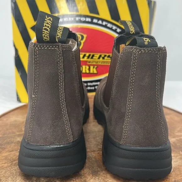 Skechers Boots Wm 10 Workshire Jannit Brown Comp Toe Safety Chelsea Pull On