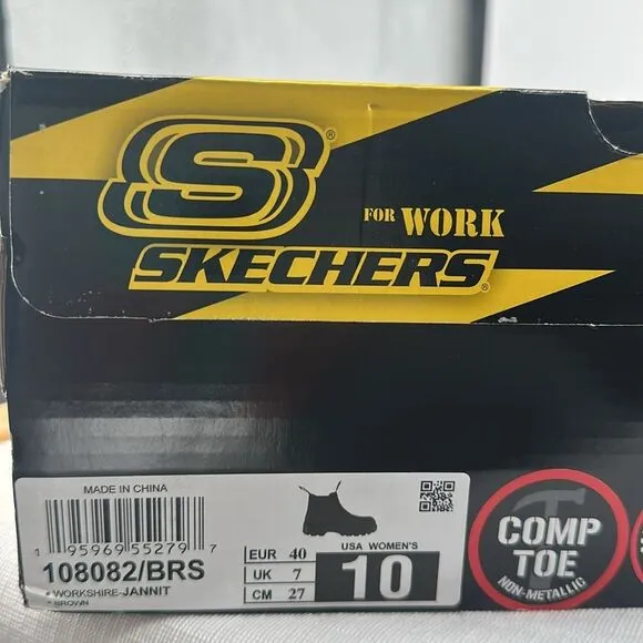 Skechers Boots Wm 10 Workshire Jannit Brown Comp Toe Safety Chelsea Pull On
