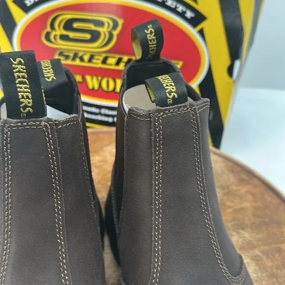 Skechers Boots Wm 10 Workshire Jannit Brown Comp Toe Safety Chelsea Pull On