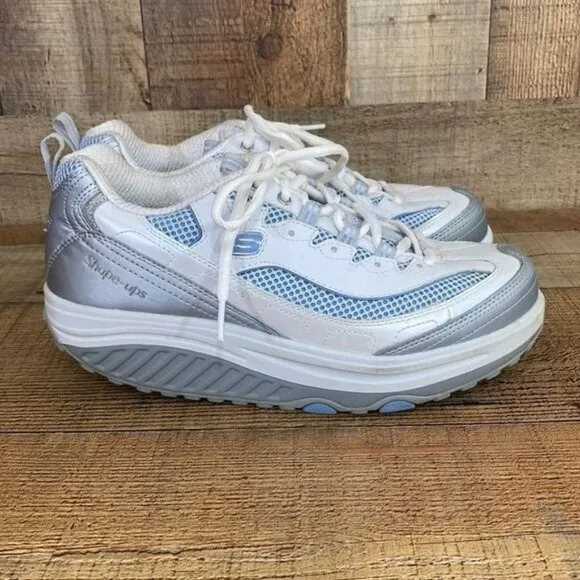 Skechers Shape Ups White Gray Blue Walking‎ Shoe Women's 9 Toning Shoes