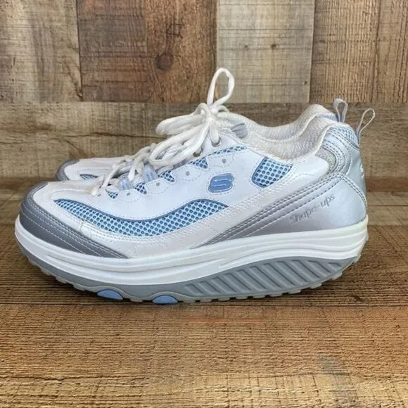 Skechers Shape Ups White Gray Blue Walking‎ Shoe Women's 9 Toning Shoes