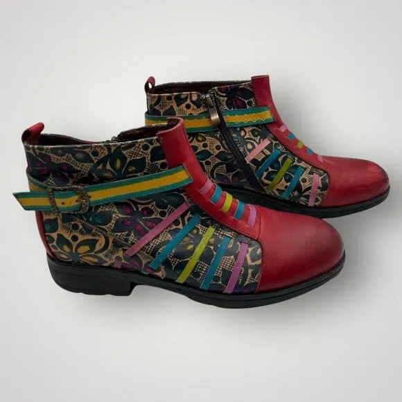 Socofy Womens Size 39 US 8 Artsy Leather Ankle Boots Multicolor Boho Chic Hippie