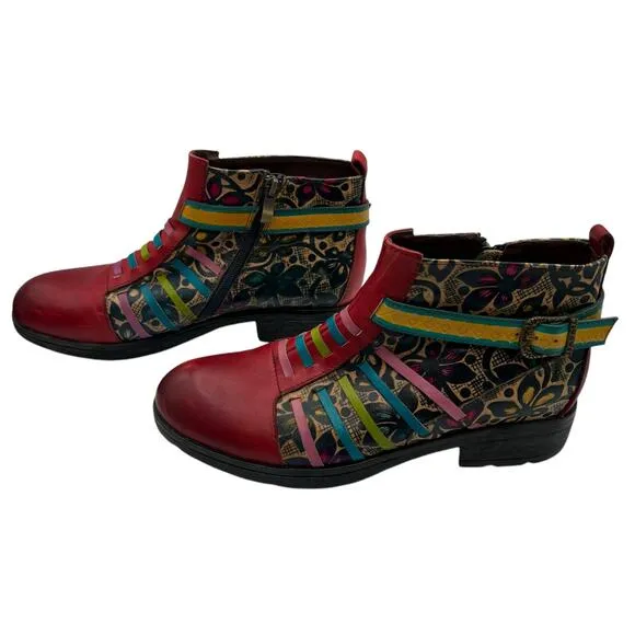 Socofy Womens Size 39 US 8 Artsy Leather Ankle Boots Multicolor Boho Chic Hippie