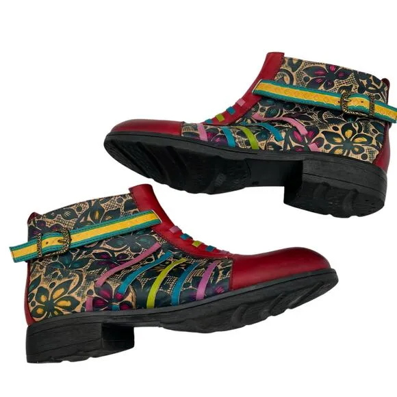 Socofy Womens Size 39 US 8 Artsy Leather Ankle Boots Multicolor Boho Chic Hippie