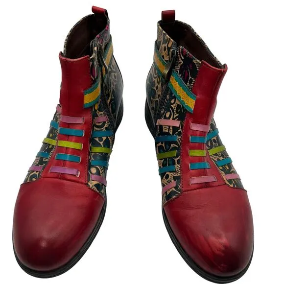 Socofy Womens Size 39 US 8 Artsy Leather Ankle Boots Multicolor Boho Chic Hippie