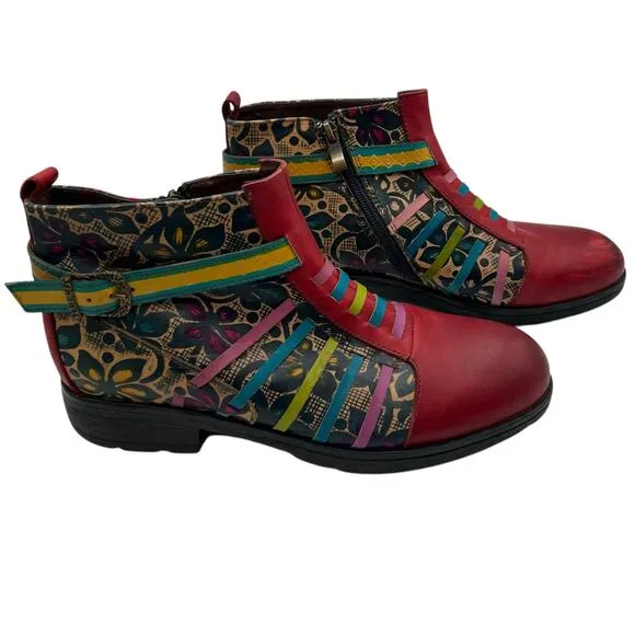 Socofy Womens Size 39 US 8 Artsy Leather Ankle Boots Multicolor Boho Chic Hippie