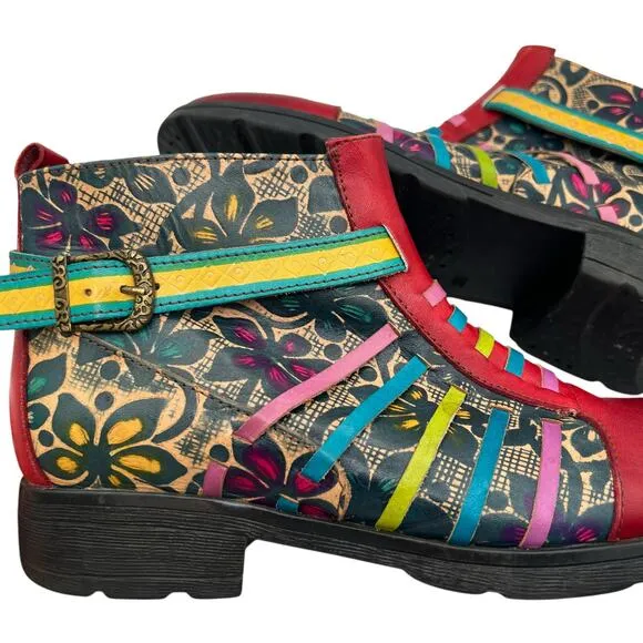 Socofy Womens Size 39 US 8 Artsy Leather Ankle Boots Multicolor Boho Chic Hippie
