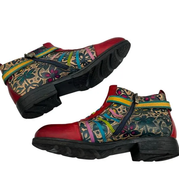 Socofy Womens Size 39 US 8 Artsy Leather Ankle Boots Multicolor Boho Chic Hippie