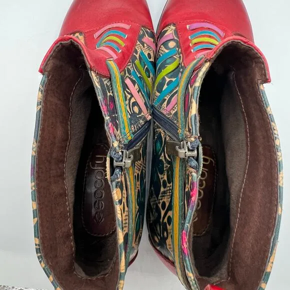 Socofy Womens Size 39 US 8 Artsy Leather Ankle Boots Multicolor Boho Chic Hippie