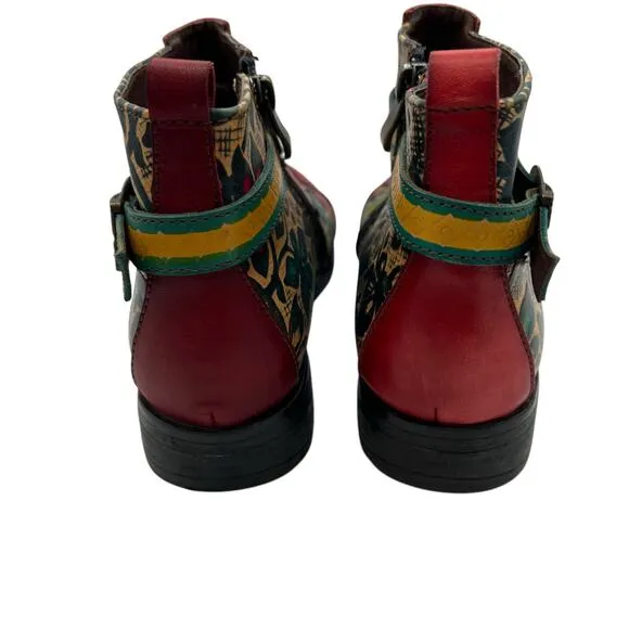 Socofy Womens Size 39 US 8 Artsy Leather Ankle Boots Multicolor Boho Chic Hippie