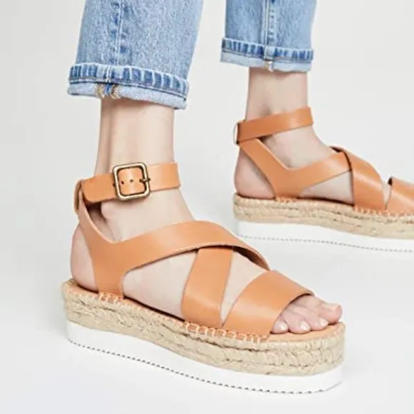 Soludos Olympia Brown Tan Leather Platform Espadrille Sandals Anthropologie 9
