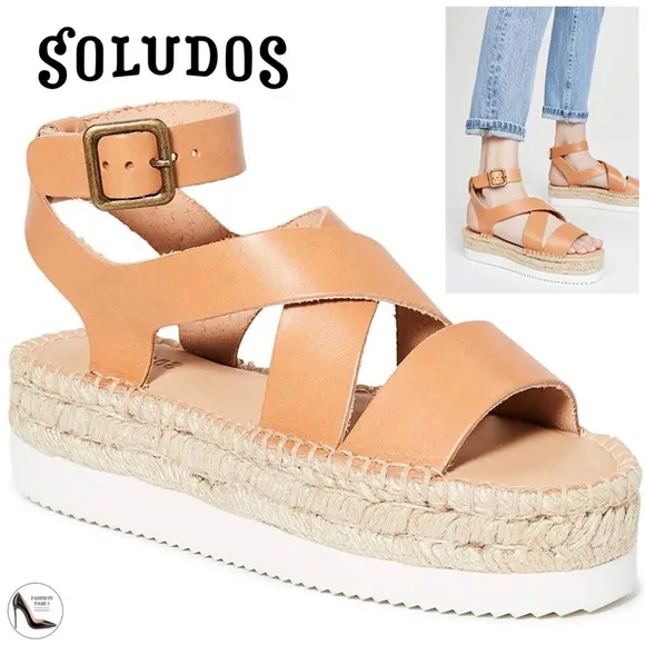 Soludos Olympia Brown Tan Leather Platform Espadrille Sandals Anthropologie 9