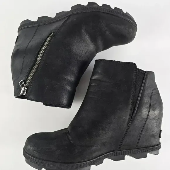 Sorel Women's Joan Of Arctic Black Leather Wedge Zip Bootie Waterproof Size 10
