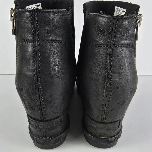 Sorel Women's Joan Of Arctic Black Leather Wedge Zip Bootie Waterproof Size 10