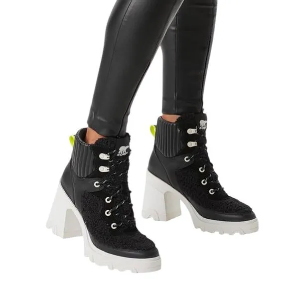 Sorel Womens Size 6.5 Waterproof Brex Heel Boots Black White Lace Up 4&quot; NWT