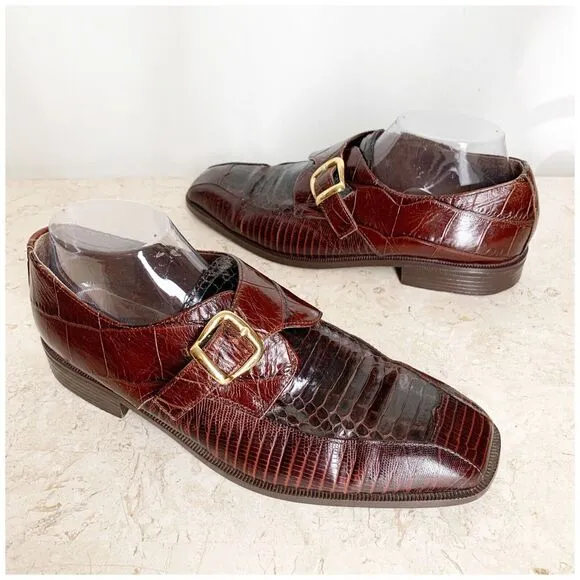 Stacy Adams Monk Strap Mens Dress Shoes Size 9 Genuine Snakeskin Brown Leather