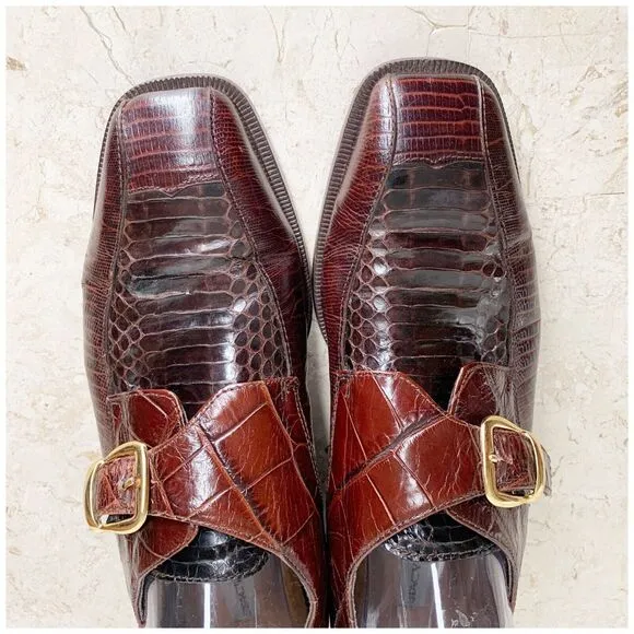 Stacy Adams Monk Strap Mens Dress Shoes Size 9 Genuine Snakeskin Brown Leather