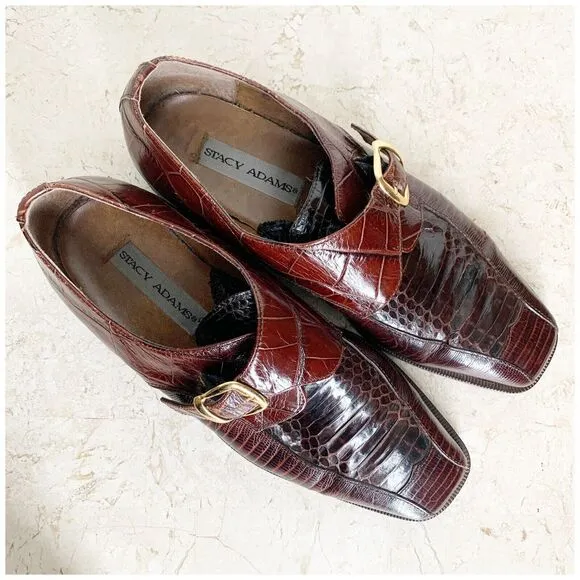 Stacy Adams Monk Strap Mens Dress Shoes Size 9 Genuine Snakeskin Brown Leather