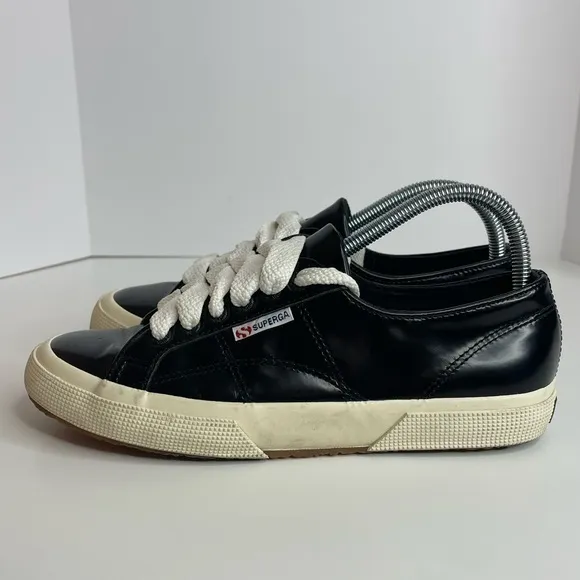 Superga 2750 Sneakers Shoes Black‎ patent S009K20 Embossed Leather Women's 8.5