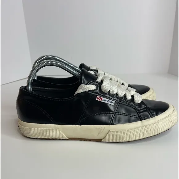Superga 2750 Sneakers Shoes Black‎ patent S009K20 Embossed Leather Women's 8.5