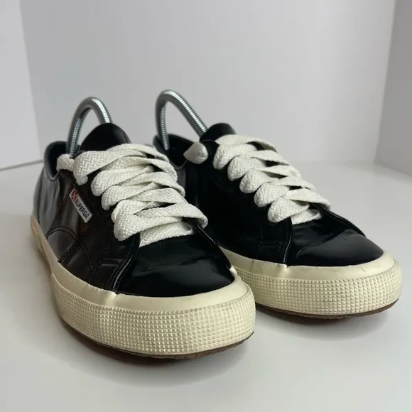 Superga 2750 Sneakers Shoes Black‎ patent S009K20 Embossed Leather Women's 8.5