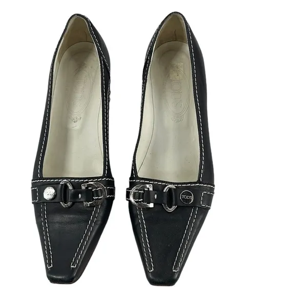 Tod’s shoes low pumps black leather contrasting stitching luxury sz 9