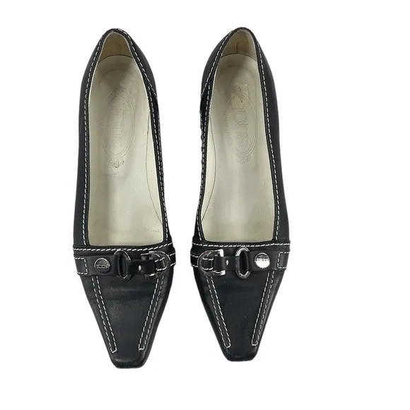 Tod’s shoes low pumps black leather contrasting stitching luxury sz 9