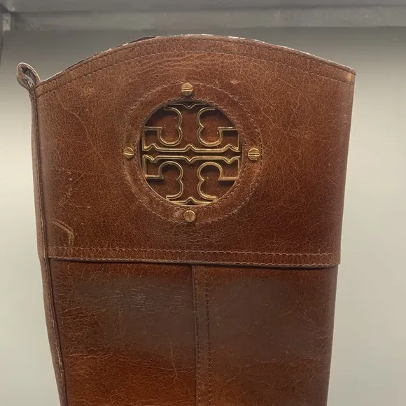Tory Burch Kiernan Brown Leather Gold Hardware Logo Riding Boots Size 5M