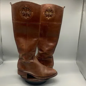 Tory Burch Kiernan Brown Leather Gold Hardware Logo Riding Boots Size 5M