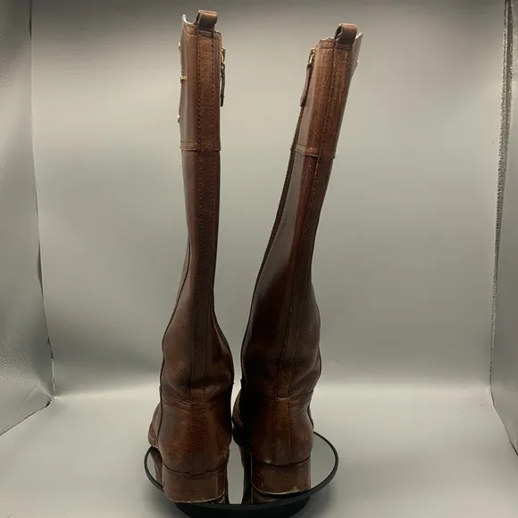 Tory Burch Kiernan Brown Leather Gold Hardware Logo Riding Boots Size 5M