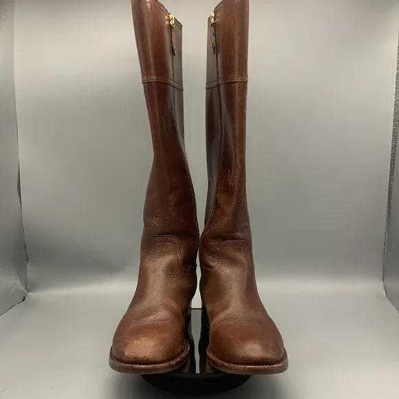 Tory Burch Kiernan Brown Leather Gold Hardware Logo Riding Boots Size 5M