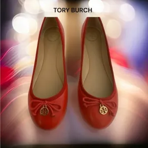 TORY BURCH LOBSTER RED CHELSEA BALLET NEW BOX FLAT SHOES LEATHER LOGO 6.5
