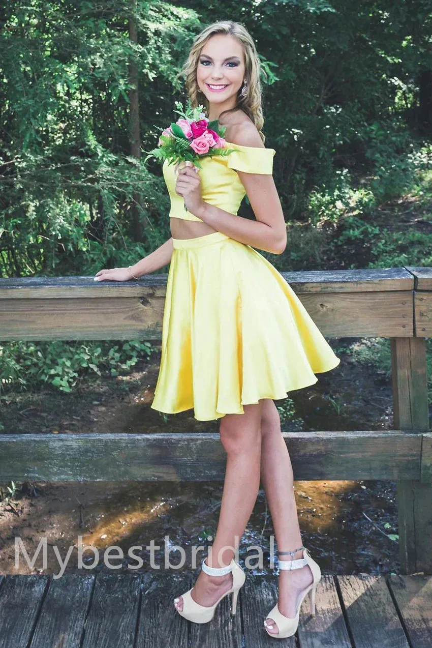 Two pieces Off shoulder Sleeveless A-line Short Mini Homecoming Dress,  HDS0131
