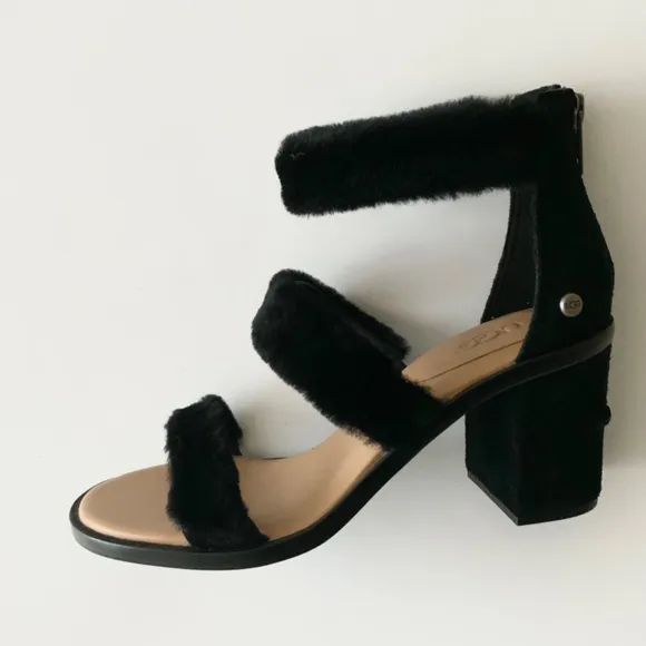Ugg Del Rey Sheepskin Black Fluff Block Heel Sandal Open Toe Ankle Strap 6 37
