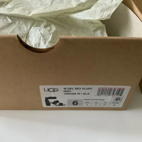 Ugg Del Rey Sheepskin Black Fluff Block Heel Sandal Open Toe Ankle Strap 6 37