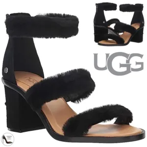 Ugg Del Rey Sheepskin Black Fluff Block Heel Sandal Open Toe Ankle Strap 6 37