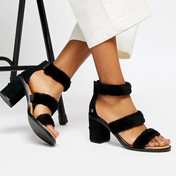 Ugg Del Rey Sheepskin Black Fluff Block Heel Sandal Open Toe Ankle Strap 6 37