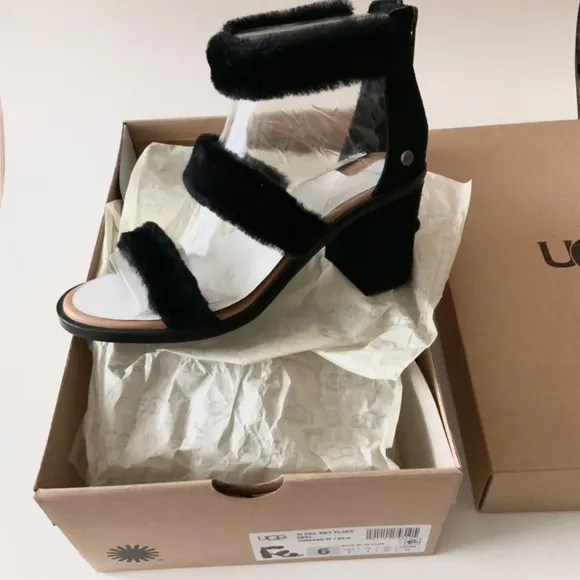 Ugg Del Rey Sheepskin Black Fluff Block Heel Sandal Open Toe Ankle Strap 6 37