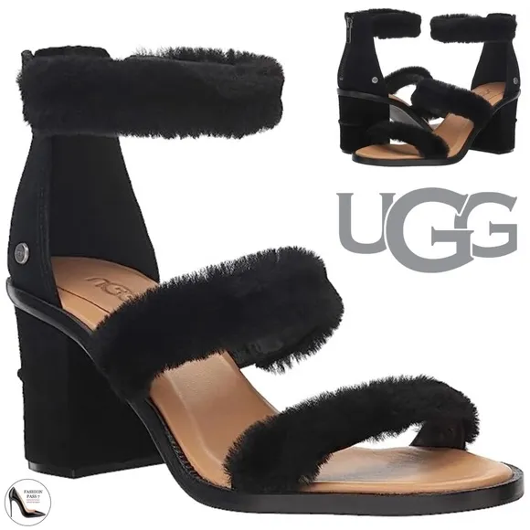 Ugg Del Rey Sheepskin Black Fluff Block Heel Sandal Open Toe Ankle Strap 6 37