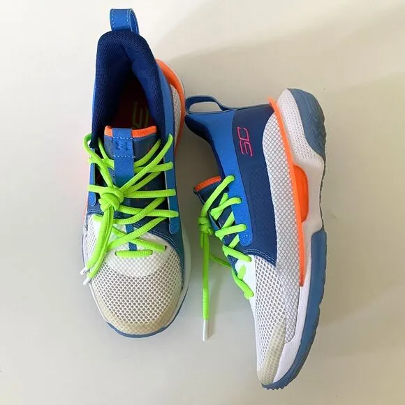Under Armour Curry 7 Blue White Basketball Sneakers Shoes Size 6Y Boys