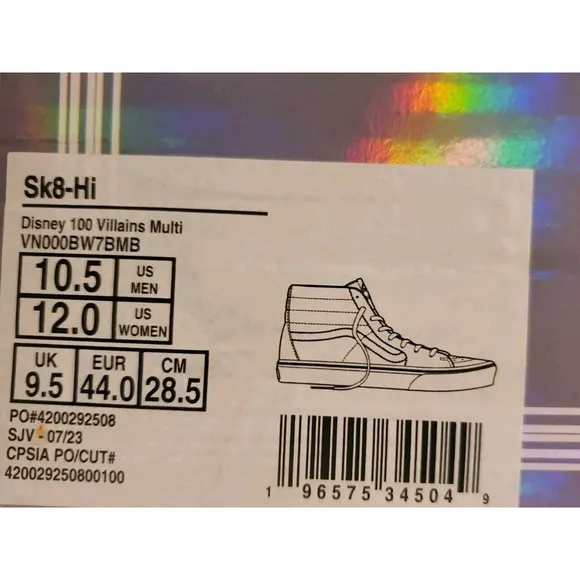 Vans x Disney Sk8-Hi Disney 100 Villains Black VN000BW7BMB Men's Size 10.5