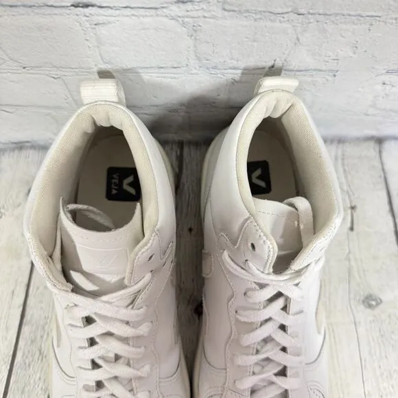 Veja Athletic Women Size 11.5 White High Top V15 Leather Lace Up Trainers Shoes