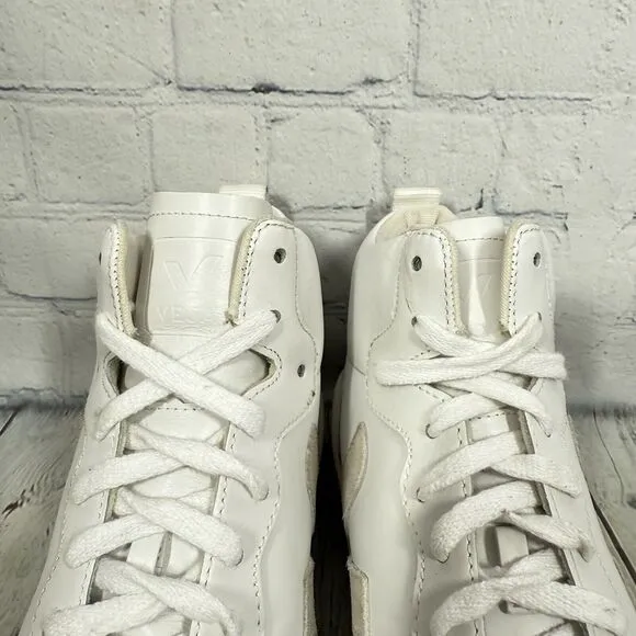 Veja Athletic Women Size 11.5 White High Top V15 Leather Lace Up Trainers Shoes