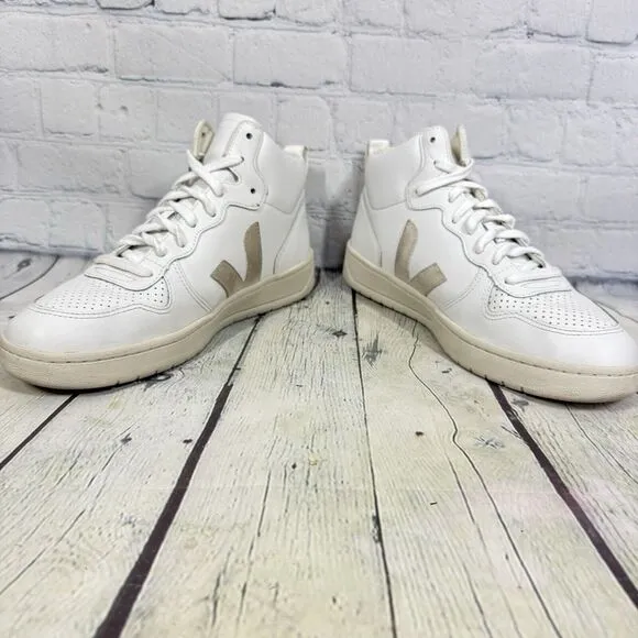 Veja Athletic Women Size 11.5 White High Top V15 Leather Lace Up Trainers Shoes