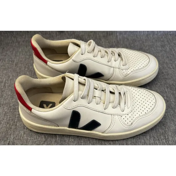 Veja V-10 Leather White Red &amp; Blue Womens Sneakers Shoes Sz 5 EUR 36
